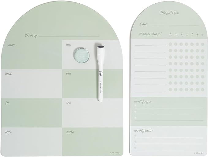 U Brands Vinyl Magnetic Calendar Whiteboard Planner Value Pack, 11" x 14" Weekly Planner & 7" x 14" Reminder Checklist, Dry Erase Board for Fridge, Sage Green, Includes Marker & Magnet