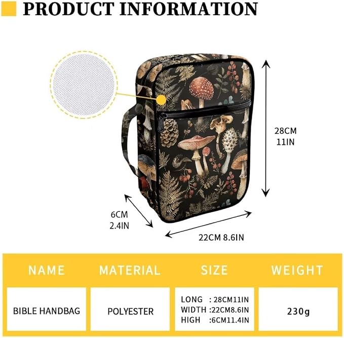 Coldinair Vintage Mushroom Bible Covers Bag for Men Women,Carrying Book Case Church Bag Bible Holder with Handle and Zippered Pocket