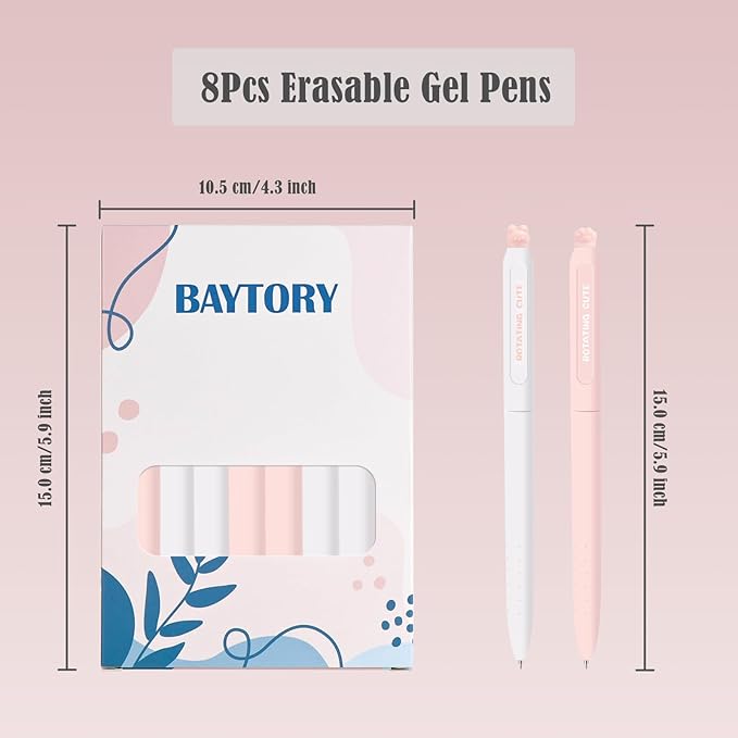 BAYTORY 8Pcs Rotatable Erasable Gel Pens, 0.5 mm Fine Point Smooth Writing Cute Eraser Pen, Quick Drying 4 Blue & 4 Black Ink for Note Taking Journaling Supplies (Pink)