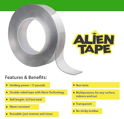 ALIEN TAPE Double Sided Tape Heavy Duty, Nano Tape, Double Sided Mounting Tape, Heavy Duty Double Sided Tape for Walls, Wall Tape, Clear Adhesive Tape for Poster Photo Wall Décor As Seen on TV 30 Feet