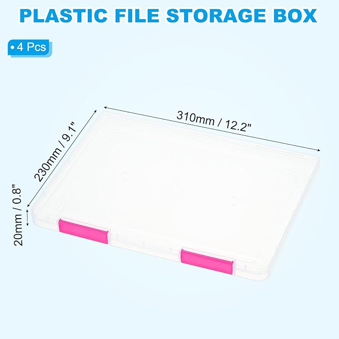 PATIKIL Clear A4 File Portable Project Case with Buckle Plastic Storage Box for 8.5" x 11" Letter Paper Scrapbook Paper Storage Boxes, 4Pcs, 12.2"x9.1"x0.8", Dark Pink