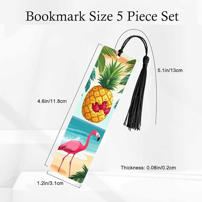 Fun Pineapple 5 Pcs Bookmarks Flamingo Palm Leaf Beach Summer Wooden Bookmarks with Tassel for Students Reader Teachers Book Lovers