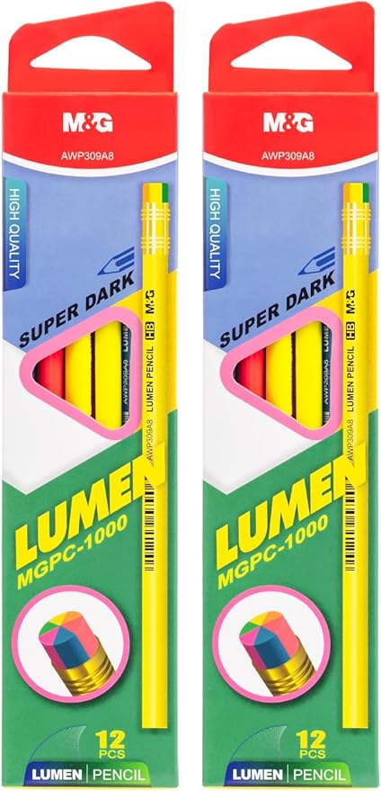 M&G Lumen Series 24 Pack HB Triangular Wood-Cased Pencils, Unsharpened with Multi-Color Erasers, Smooth Writing Break-Resistant Core, 6 Solid Bright Colors for School Office Classroom Supplies