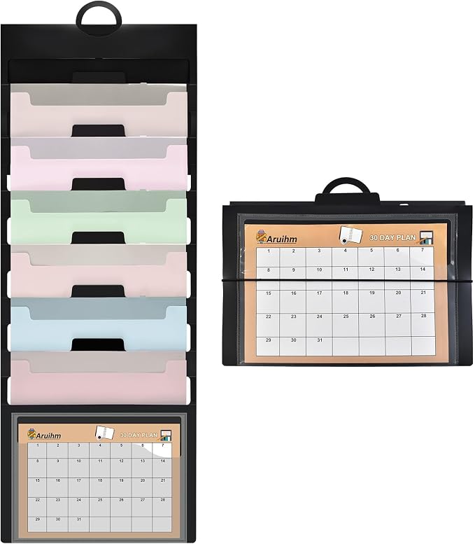 Wall File Organizer 6 Pocket, Hanging Wall File Organiser for Classrooms and Offices, 6 Removable File Folders Classrom Organization and Storage Black