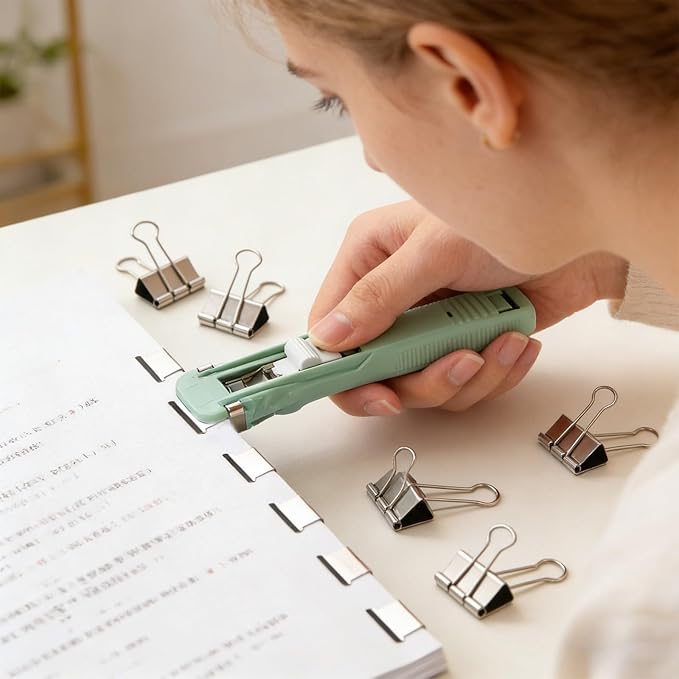Portable Binder Clip Stapler, Includes 150 Reusable Clips, Push Clip Staplers, Mini Push Stapler Clamp Staplers for Desktop Document Home School Desk Office (E#)