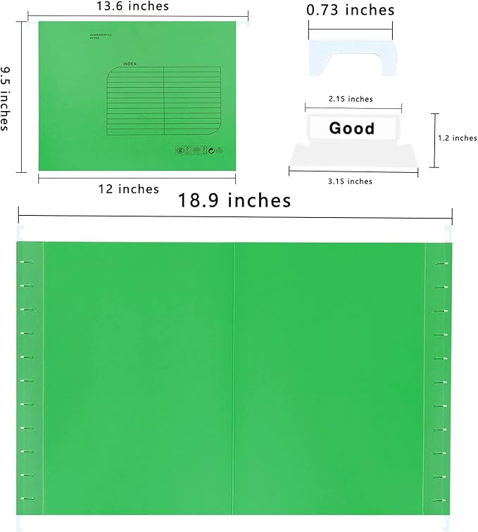 Hanging File Folder, A4 Suspension Files Holder, Hang Folder, Filing Cabinet Suspension File with Tab and Label for School Home Office, Green, 25 Pack