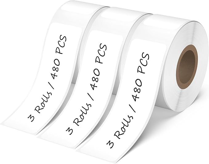 480 PCS D30 Label Maker Tape 0.47" × 1.57" (12 × 40 mm) Vinyl Waterproof Thermal Stickers Self-Adhesive Decals for Retail Office Home School White