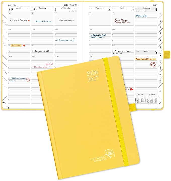 POPRUN 2026-2027 Academic Planner, 6.5" x 8.75", Weekly and Monthly Calendar, July 2026 to June 2027, Hardcover Appointment Book with Verital Layout, Hourly Time Slots, Monthly Tabs - Light Yellow