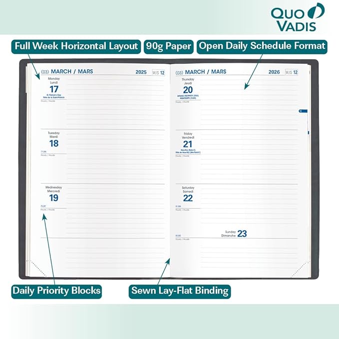 Quo Vadis 2026 Hebdo - Bi-Lingual (EN/FR) - Weekly/Monthly Planner - 12 Months, Jan. to Dec. - 6 1/4 x 9 3/8" - Smooth Faux Leather Soho Red Covers - Productivity Time Management Organizer