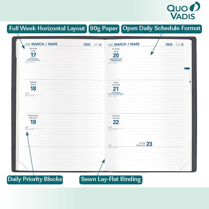 Quo Vadis 2026 Hebdo - Bi-Lingual (EN/FR) - Weekly/Monthly Planner - 12 Months, Jan. to Dec. - 6 1/4 x 9 3/8" - Grained Faux Leather Kali Blush Covers - Productivity Time Management Organizer