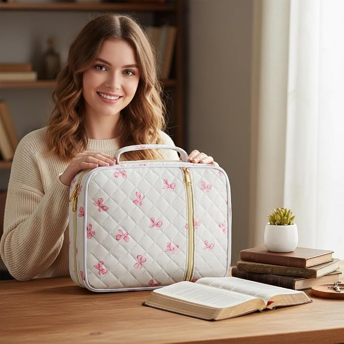 Bible Cover Case for Women,Bible Tote Bag Large Quilted Bible Cover with Durable Handle Carrying Case for Girls Bible Study Supplies Accessories,Christmas Christian Gifts for Women (Pink Butterfly)