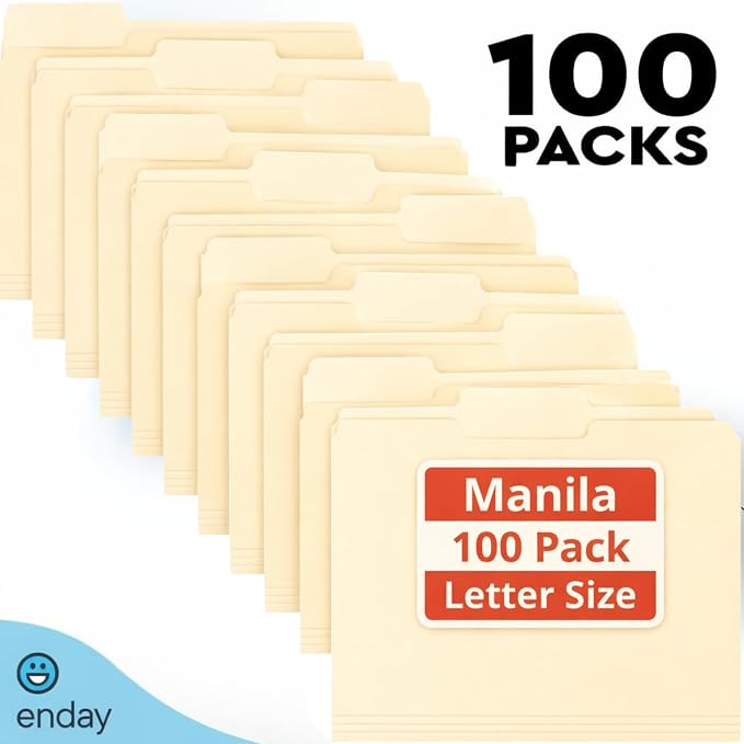 Enday Manilla File Folders Letter Size 1/3 Cut Tab (100 Pack) – Manilla Folders, Letter Size File Folders 1/3 Cut Tab for Office Organization & Document Filing