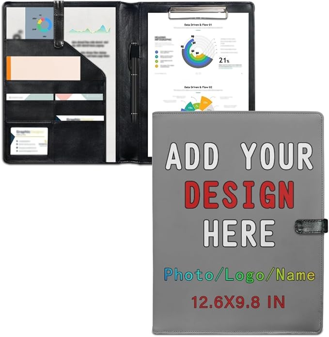 Professional Padfolio with Clipboard, Business Resume Portfolio Folder, Leather Notepad Portfolio Organizer with Logo Text Picture, Gray