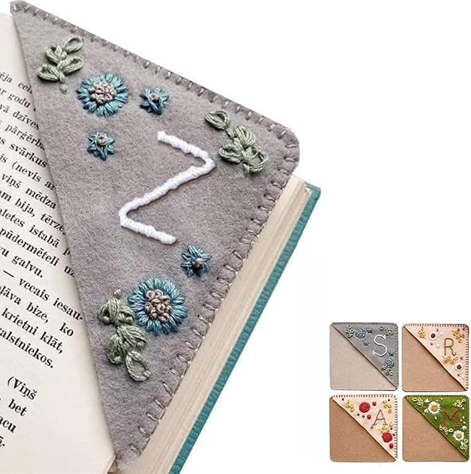 Personalized Hand Embroidered Corner Bookmark, 26 Letters Cute Flower Embroidered Corner Bookmark Embroidery Book Marker Clip for Book Lovers Bookmarks for Reading Lovers Meaningful GIF (Winter, Z)