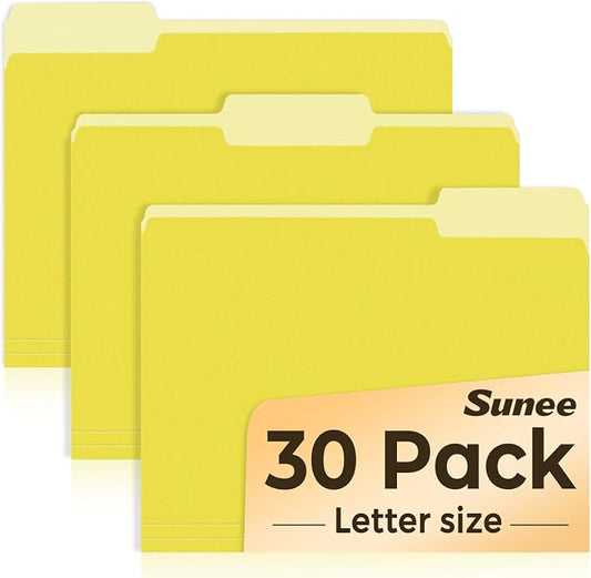 SUNEE File Folders, 30 Pack Manilla Folders 8.5 x 11, Colored File Folders Home Office School Supplies for Documents Files Paper,Yellow
