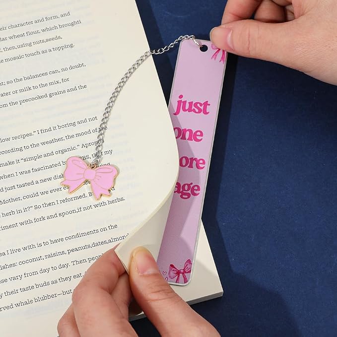 Pink Bowknot Stainless Steel Bookmark - Printed with Cute Bowknot Patterns & Equipped with Heart Pendants, Ideal for Female Readers, Perfect Birthday Gift for Girlfriends (Double-Sided D)
