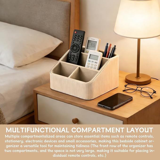 Remote Control Holder, Multi-Purpose Bedside Desktop Organizers with 4 Compartments, PU Leather Small Nightstand Organizer Desk Caddy - Keep Your Workspace Tidy and Organized