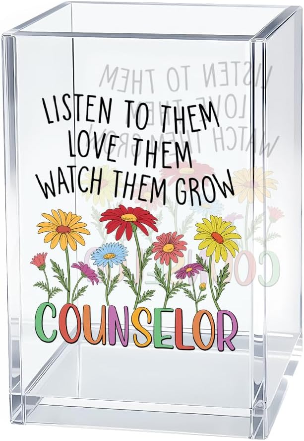 Listen To Them Love Them Counselor Acrylic Pen Holder Cosmetic Organizer, Fun Pencil Pen Holder Desk Accessories for School Counselor Psychology Therapist Teacher, Counselling Appreciation Gifts