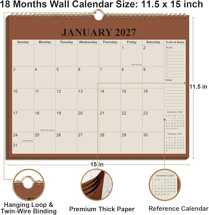 Calendar 2026-2027 - 18 Months Wall Calendar from July 2026 - December 2027, 2026-27 Wall Hanging Calendar Planner with Thick Paper, 12" x 14.5", Beige