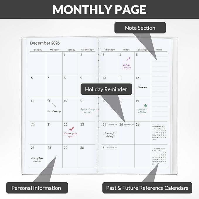 KONVINIT Pocket Calendar 2025-2027, Pocket Planner 2026-3.7" x 6.7" - Runs from September 2025 Until December 2027, Monthly Planner 2025-2027 with PVC Cover for Planning, Black