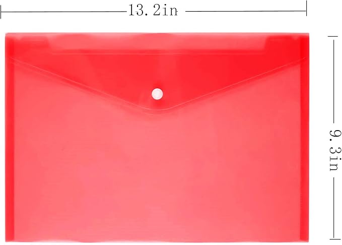 Poly Envelope 12 Pcs Document Envelopes with Snap Button Quality Clear Document Folder for A4 Size (red)