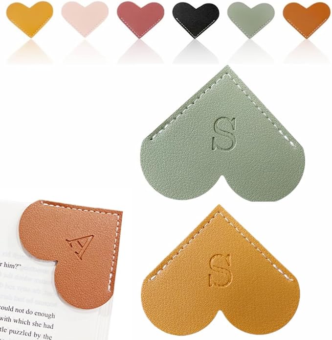 Personalized Leather Heart Bookmark, 26 Letters Customized Corner Book Mark for Reading Women, Book Marker with Initials，Cute Gifts (Green+Light Brown, S)