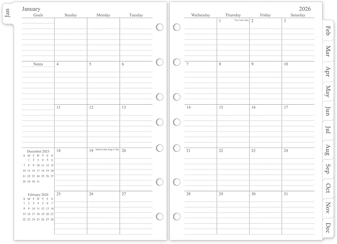2026 Monthly Planner Refill, A5 Size Planner Inserts for 7 Ring, 5.5" x 8.5", Jan. 2026 - Dec. 2026, 12 Monthly Calendars with Laminated Tabs, 7-Hole Punched