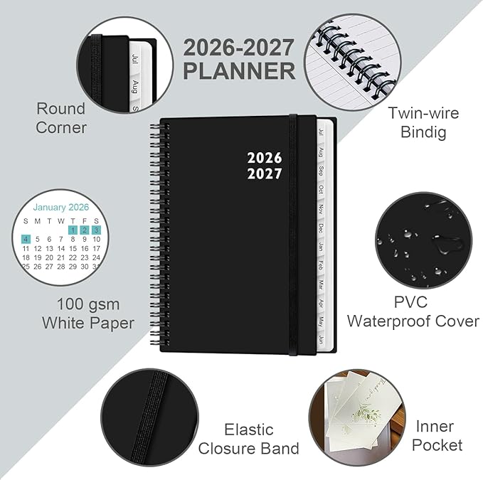 2026-2027 Planner - Weekly and Monthly Calendar Planner from Jul 2026 - Jun 2027, Planner 2026-2027 Spiral Bound with 12 Monthly Tabs, Inner Pocket, Perfect for School Office Supplies, 6.4" x 8.5", Black-C