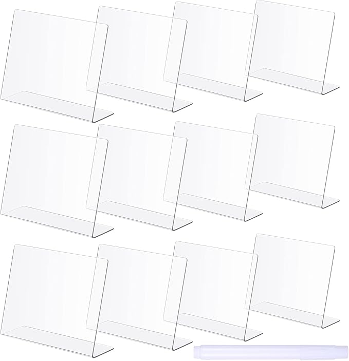 Outus 12 Pcs 4 x 3 Inches Buffet Food Labels Mini Small Chalkboard Signs Clear Acrylic Food Markers Little Price Signs with 2 Pcs Erasable Marker for Wedding Birthday Bakery Table Display