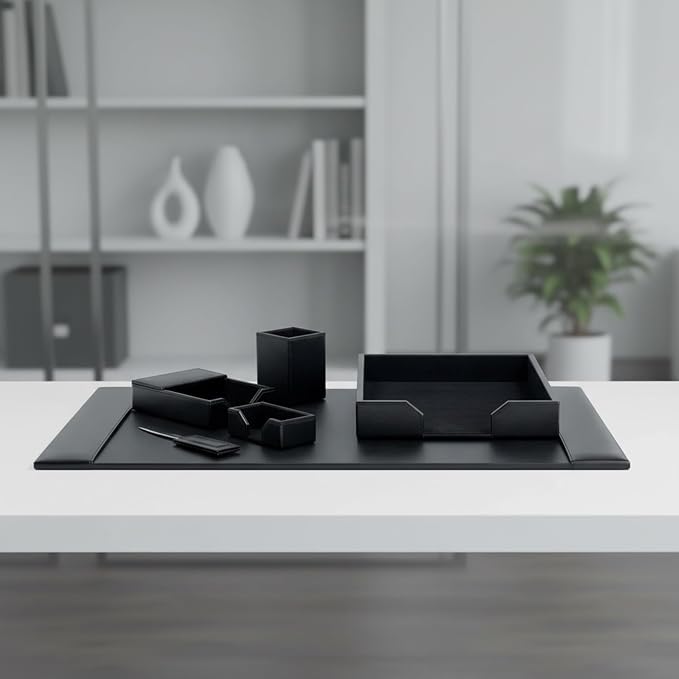 DACASSO Bonded Leather Desk Set - Luxury Leather Desk Pad & Desk Organization Essentials (Black, 6 Piece)