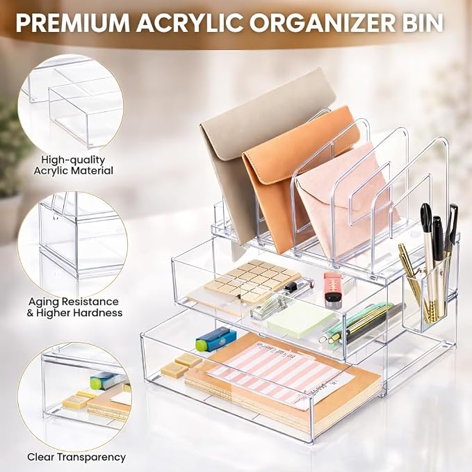 LALOBLUE Acrylic Desk Organizer with Drawer, Office Supplies,Organization Storage, 2 PC Drawer Organizer with 4 File Sorter, Desk Organizers and Accessories, Clear Acrylic File Organizer