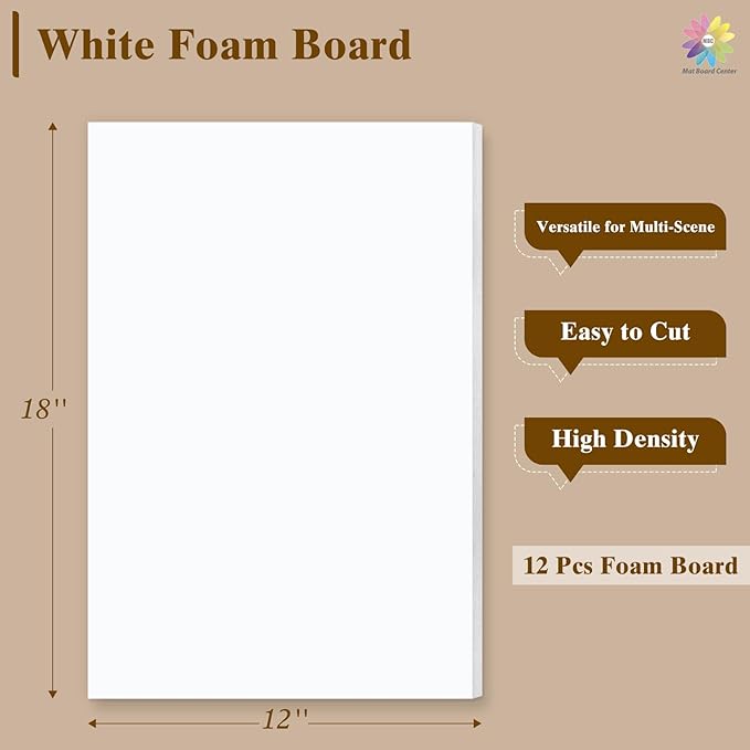 Mat Board Center, 12 Pack 12x18 White Foam Boards, Acid Free Foam Core Board, 1/8 inch Thick