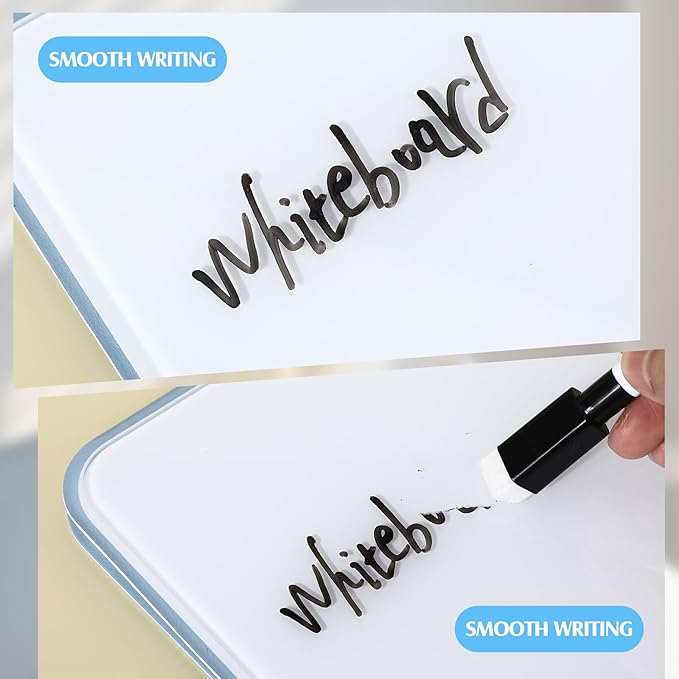 Dunzoom 2 Pcs Small Glass Desktop Whiteboard with Reversable Stand 8 x 6 Inch Mini Dry Erase White Board Easel with 2 Markers Reusable Desk Notepad for Home Office School Supplies (Blue)