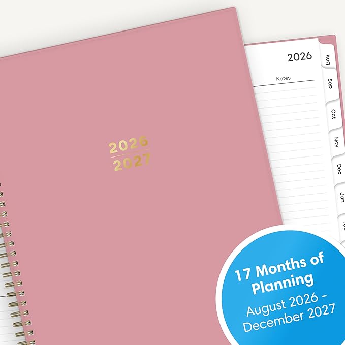 Blue Sky 17 Month 2026-2027 Weekly and Monthly Academic Year Planner Calendar, August 2026 - December 2027, 8.5" x 11", Flexible Cover, Wirebound, Laminated Tabs, Dusty Rose