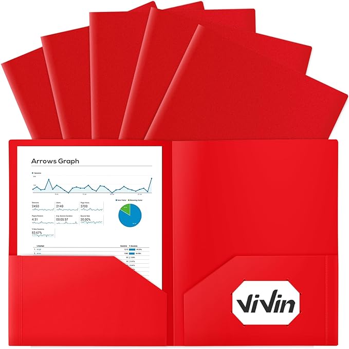ViVin 12-Pack Sturdy Plastic Folder with Pockets, Poly Folders with 2 Pocket, Plastic Pocket Folder with Business Card Slot, for School, Home, Office (Red)