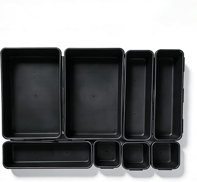 U-KIME 8-Piece Interlocking Drawer Organizer Trays, Black Plastic Modular Storage Bins for Kitchen, Bathroom, Office & Desk Drawers