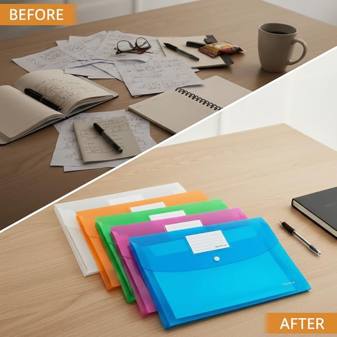 5 Pack Plastic Envelopes,Large-Capacity Colored Clear Folders for Documents File Folder,TFDLCG zm Poly Envelopes with snap Closure,A4 Letter Size(13"×9.5") for School Home Office,Assorted Colors