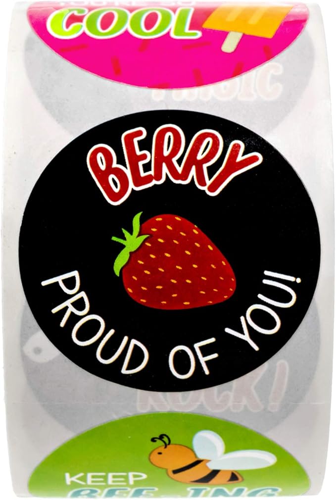 Motivational Homework Lesson Stickers / 500 School Classroom Grading Label Roll / 1.5" Bright Teacher Round Decals / 8 Uplifting Student Reward Designs/Made in The USA