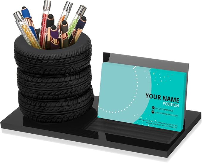 Sherr Tire Shaped Pen Holder Business Card Tire Shape Arylic Stationery Set Automotive Business Card and Car Salesman Pen Holder Office Desk Organizer for Men Cool Mechanics Gifts Car Lover(Black)