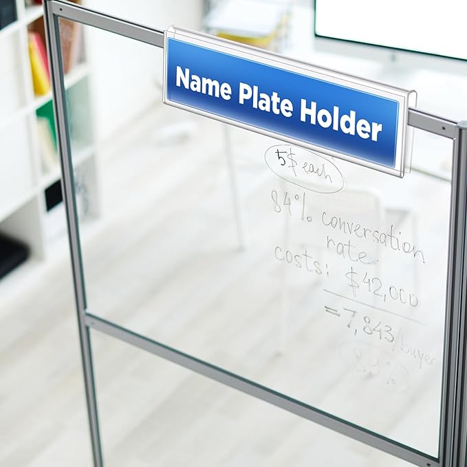 Wonderjune 50 Pack Plastic Cubicle Name Plate Holder 8.5" Wide x 2" High Glass Wall Name Plate Holder Clear Acrylic Sign Display Stand for Home Office Business (Suitable for 1/4" Cubicle Wall)