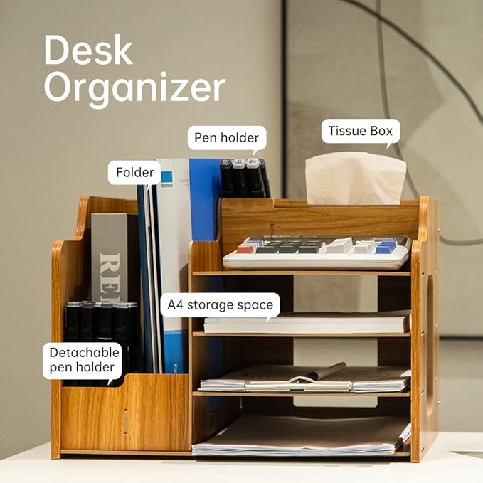 Wooden Desk Organizer - Multifunctional Home Office Art Supplies Organizer - Easy to Assemble (Light MDF Panel)