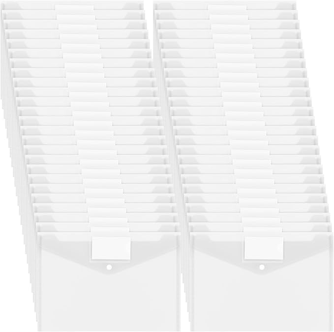 Yeaqee 50 Pcs Plastic Envelopes Poly Envelopes File Folders with Snap Button Closure Clear Folders for Documents US Letter A4 Size Filing Holder with Label Pocket for Home Office School(Transparent)