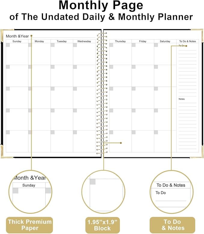 Undated Daily Monthly Planner for 2026 or Anytime - A4 To Do List with Hourly Schedule, Hardcover Spiral Bound Daily Planner to Increase Focus, Stylish School/Office Supplies, 8.5" x 11", Black