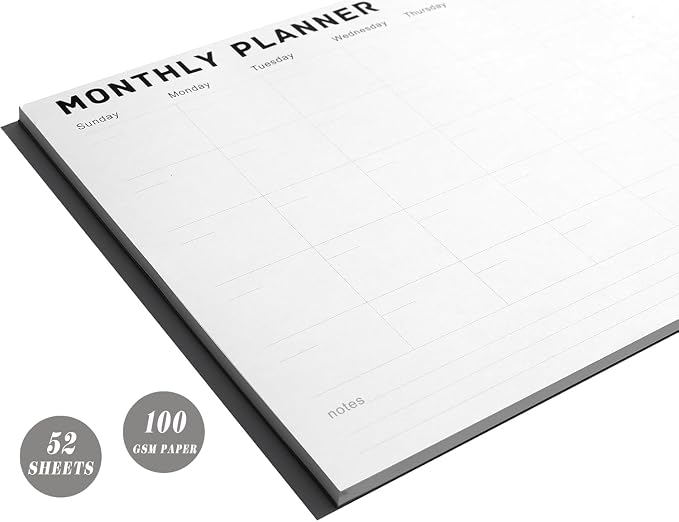 Monthly Planner Notepad - Undated 52 Sheets Desk Calendar, A4 (8"x11") Planning Pad for Office, Home, School, Fitness, Meal & Project Organization