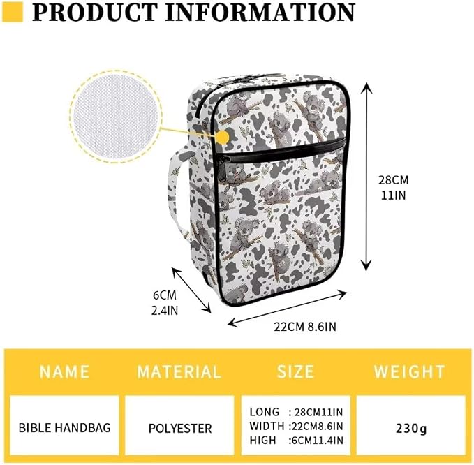 Coldinair Koala Bible Cover Case for Women Men,Carrying Book Cover Bible Holders with Handle and Zippered Pocket,Fits for Standard/Large Size Bible