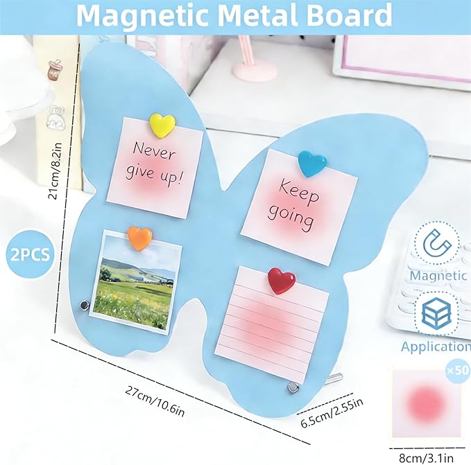 2 Pcs Magnetic Board, Magnet Message Board, 10.6"x8.2" Metal Magnetic Bulletin Board with 50 memo Sheets and 8 Magnets, Magnet Display for Home, School, Kitchen, Office(Butterfly, Blue)
