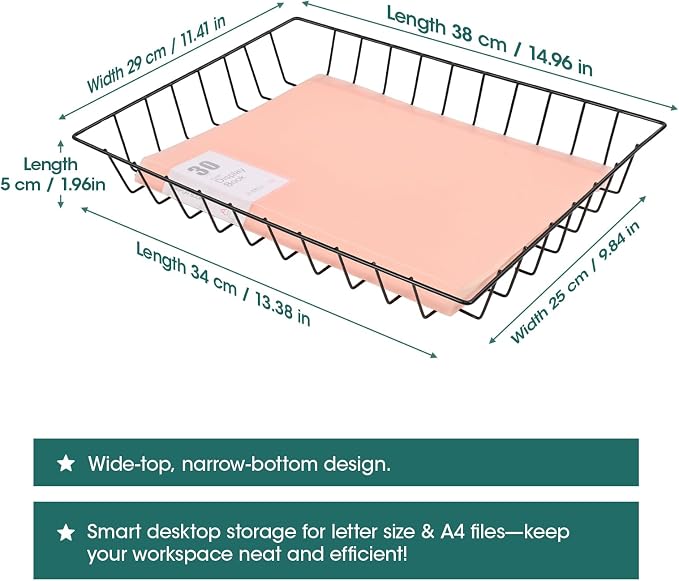 Wire File Basket for Desk Accessories – Extra Large Tapered Open Frame Organizer for A4, Letter Size, Magazines & Folders – Glossy Black Iron Desktop Tray for Office,School & Home