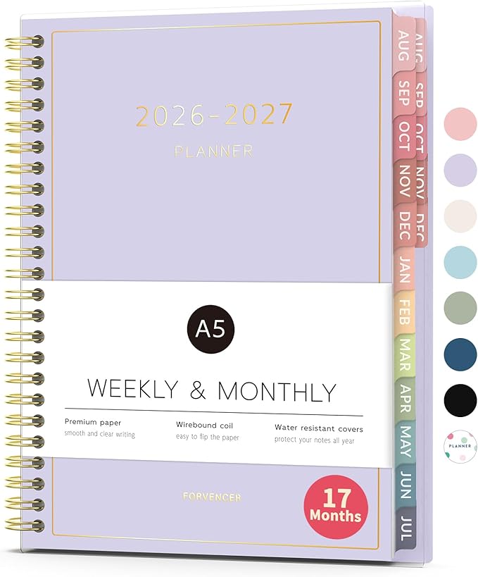 Aug 2026 - Dec 2027 Planner, Forvencer 17 Month Academic Planner 2026-2027, 6.3" x 8.4", Calendar Planner Weekly and Monthly, Daily Agenda Book, College School Supplie for Student Teacher, A5, Purple