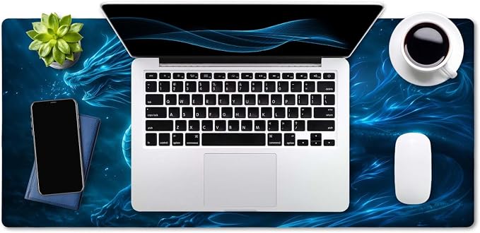 SSOIU Extended Mouse Pad, XXL Gaming Mouse Pads, Large Big Mousepad Laptop Computer Keyboard Mat Desk Pad with Non-Slip Base Stitched Edge for Gaming Office, 35.5 x 15.7 inch, Blue Dragon