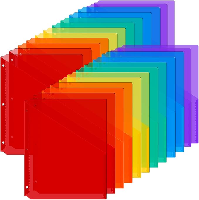 Maitys 30 Pack Binder Pockets 3 Hole Punch Clear Plastic Document Folders Binder Organizer Store Letter Size 8.5x11 Inch Paper Folders with Pockets Slash File Jacket for Office (Rainbow Color)